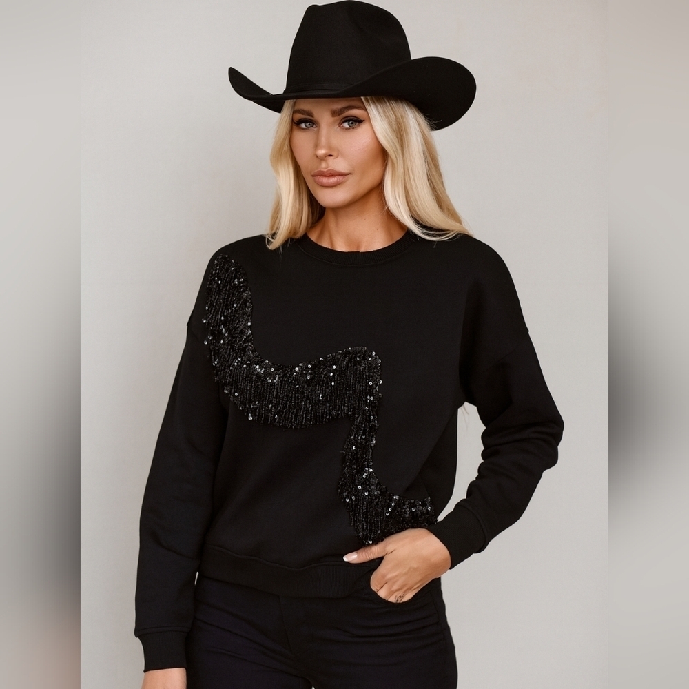 Melanie Lyne Sequin Fringe Sweatshirt Size M Black Crew Neck Western EUC